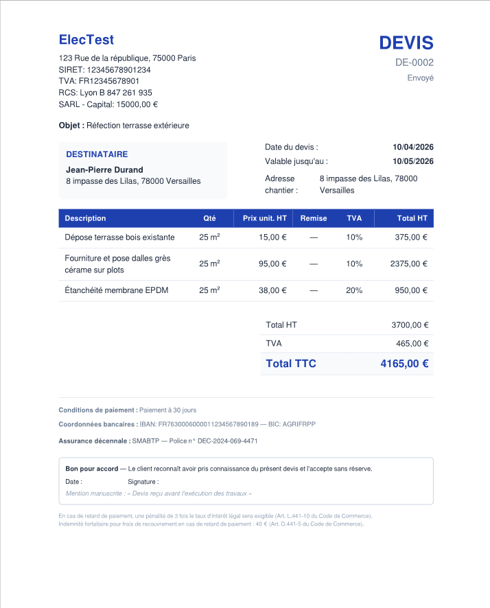 Exemple de devis PDF professionnel généré par BTPal